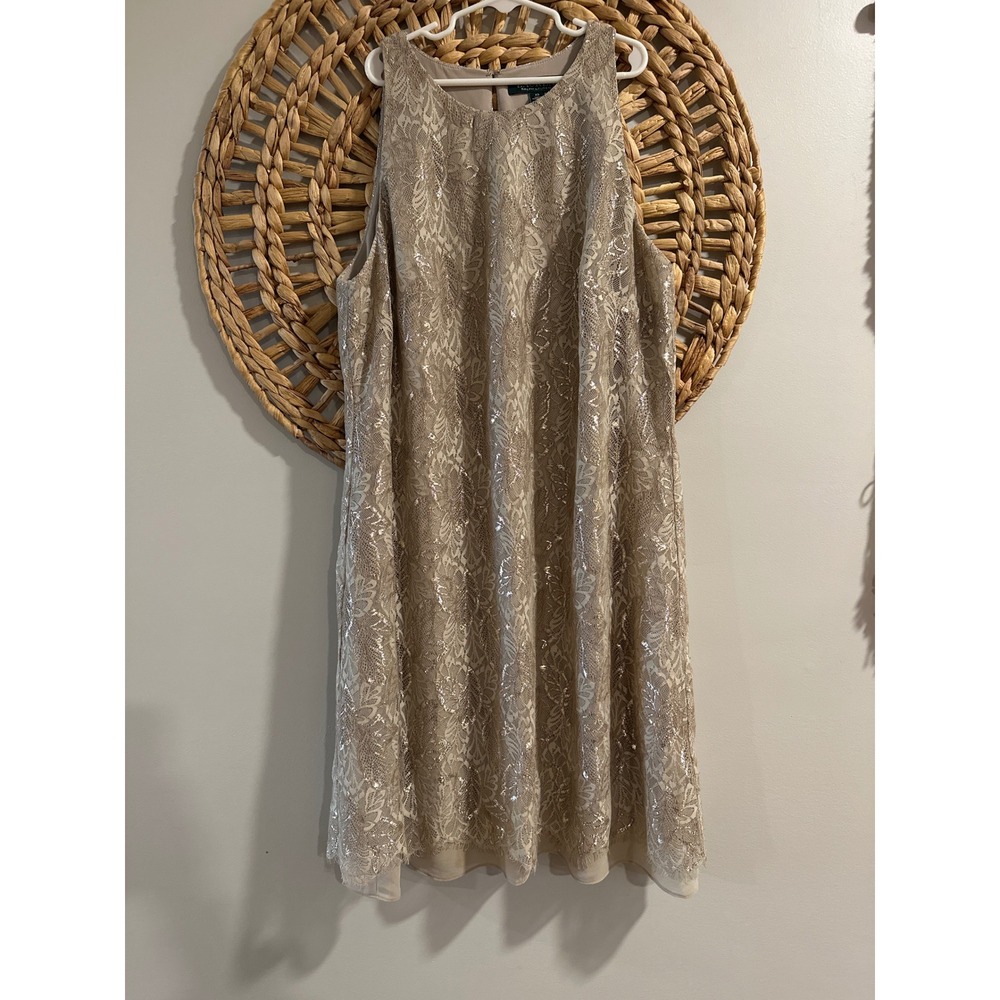 Lauren Ralph Lauren Gold Metallic Lace Shift Cocktail Dress Champagne Womens 10